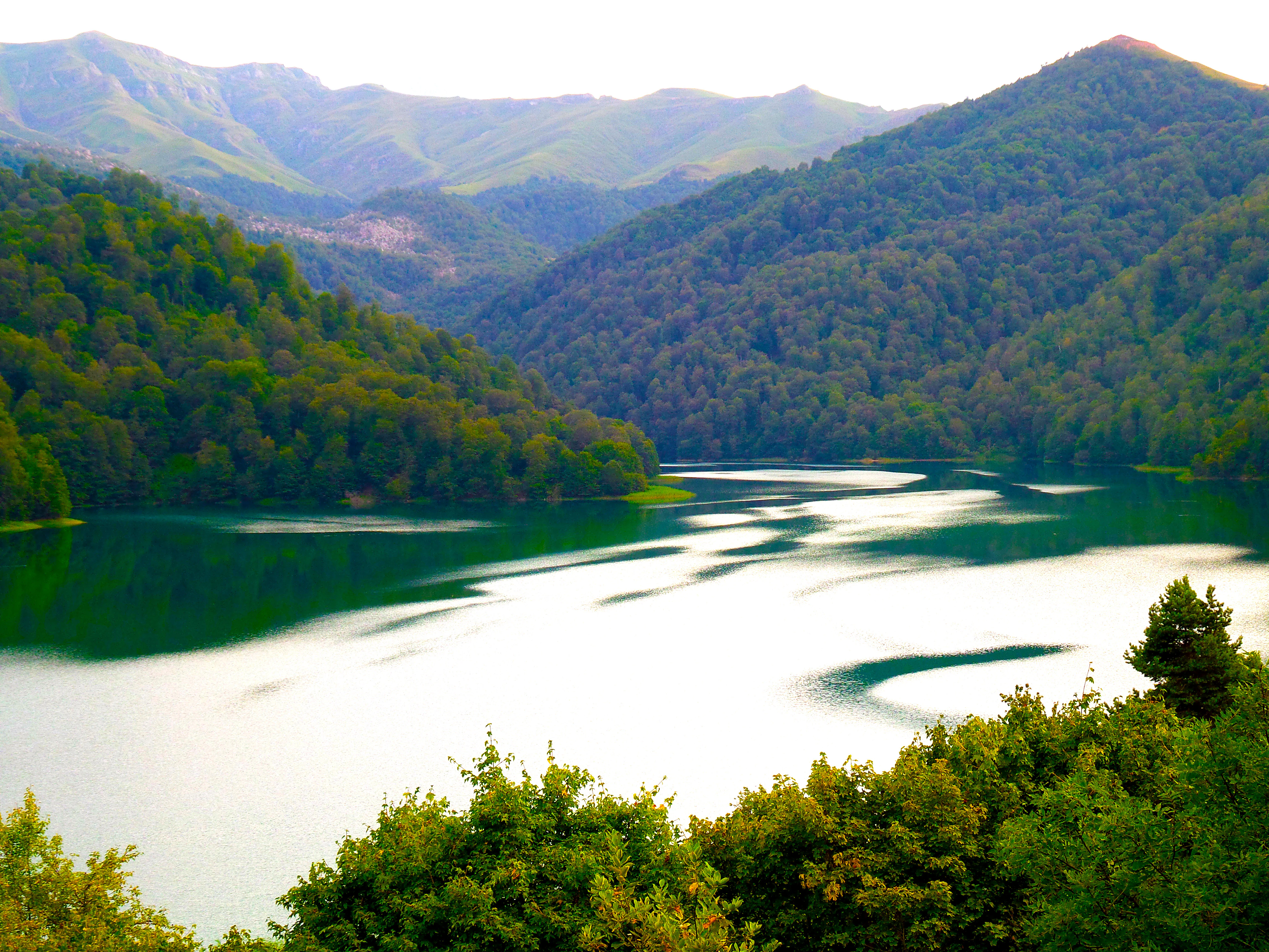 A wide view of Lake Göygöl with calm water reflecting forested mountains under a clear sky