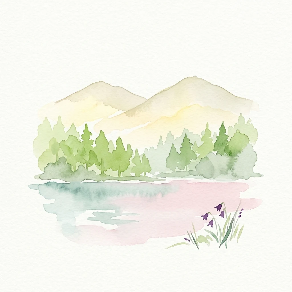 Ilustración acuarela de un lago con montañas al fondo, rodeado de árboles verdes y flores moradas