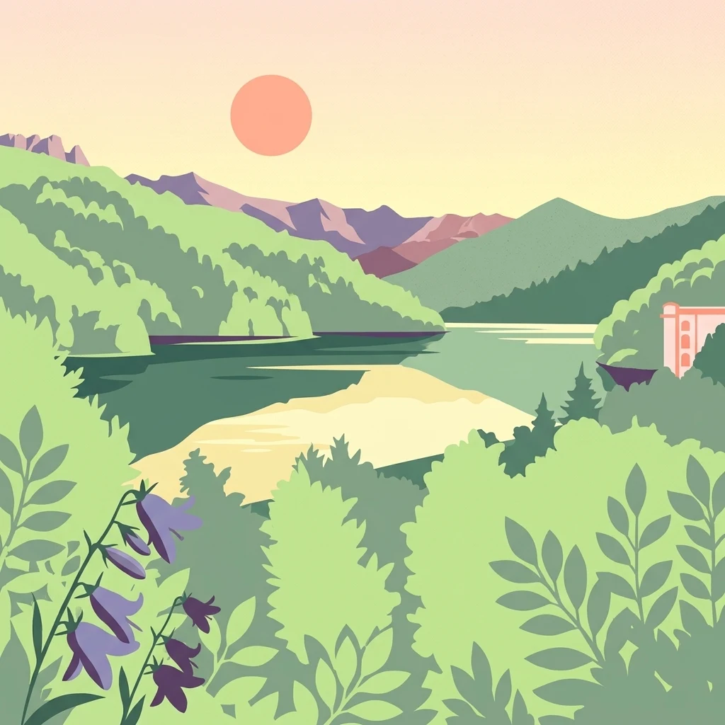 Ilustración estilizada que muestra un lago rodeado de montañas verdes con flores púrpuras en primer plano y un sol poniente
