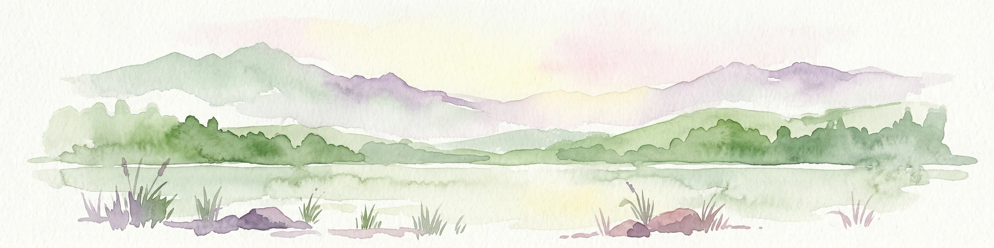 Ilustración en acuarela de un lago rodeado de vegetación con montañas al fondo