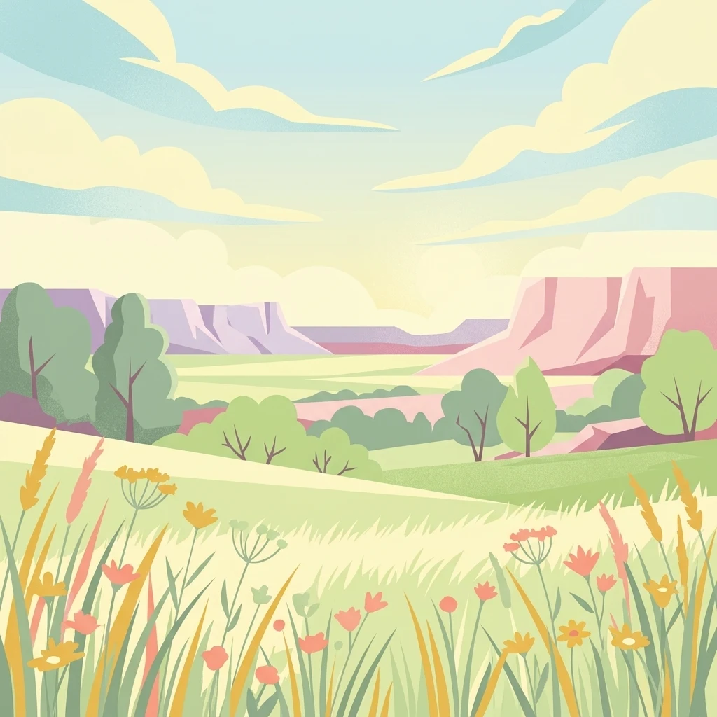 A stylized vector illustration of a scenic valley with a foreground of wildflowers and tall grasses, transitioning into a green meadow with scattered trees and soft pinkish hills in the distance under a pale blue and yellow sky.