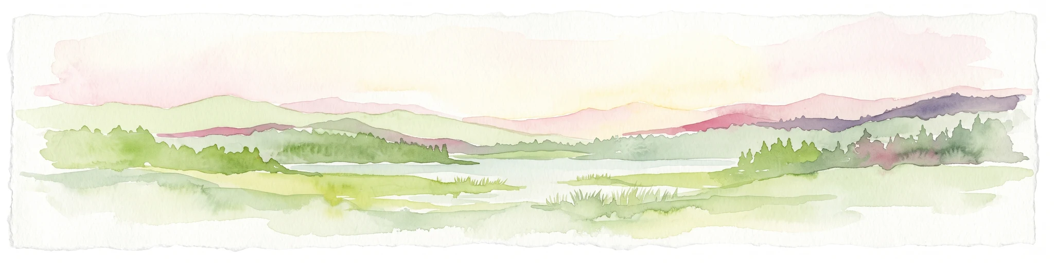 A watercolor painting showing a panorama of soft green rolling hills and meadows under a hazy, pale sky.
