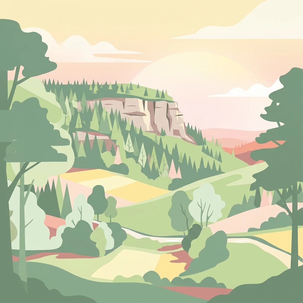 Una ilustración vectorial estilizada que muestra una cresta boscosa de color verde con acantilados rocosos, colinas onduladas, campos y árboles bajo un cielo de tonos pastel suaves.