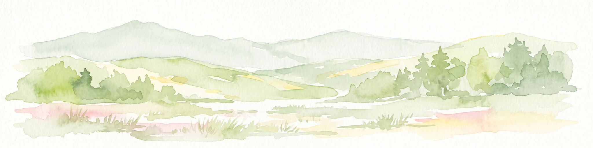 Ilustración en acuarela que muestra un paisaje amplio con árboles verdes, colinas onduladas y montañas distantes bajo un cielo pálido.