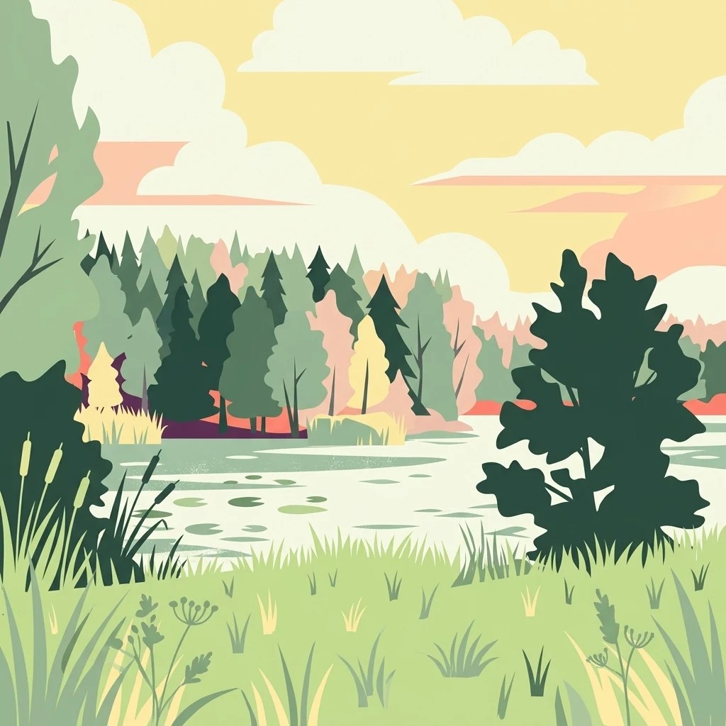 Una ilustración vectorial de estilo plano de un lago tranquilo rodeado de un denso bosque y orillas cubiertas de hierba bajo un cielo cálido y de tonos suaves.