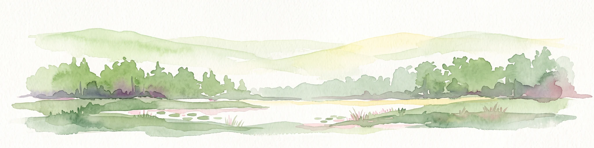 A horizontal watercolor painting showing a tranquil lake scene with green trees, low-lying hills in the distance, and grassy banks against a white background.