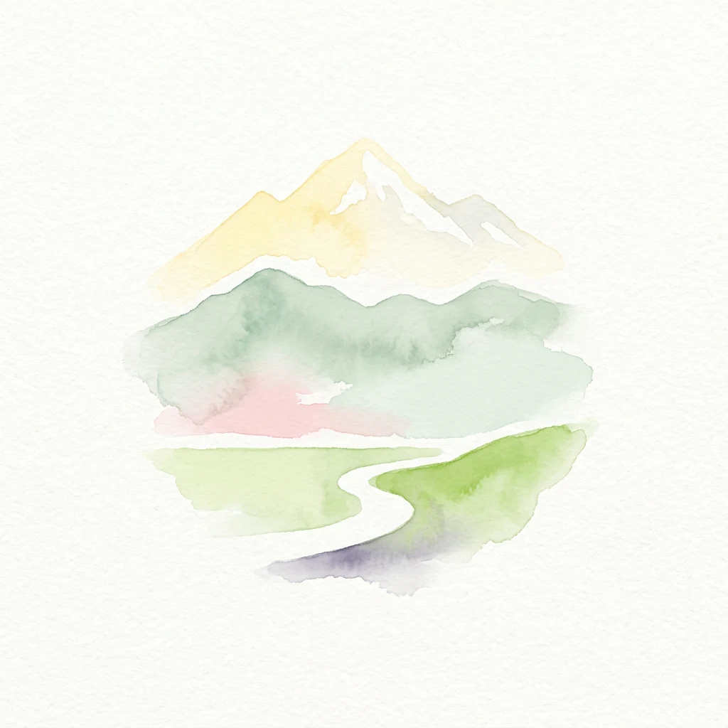 Pintura de acuarela de una cordillera con una carretera sinuosa a través de valles verdes