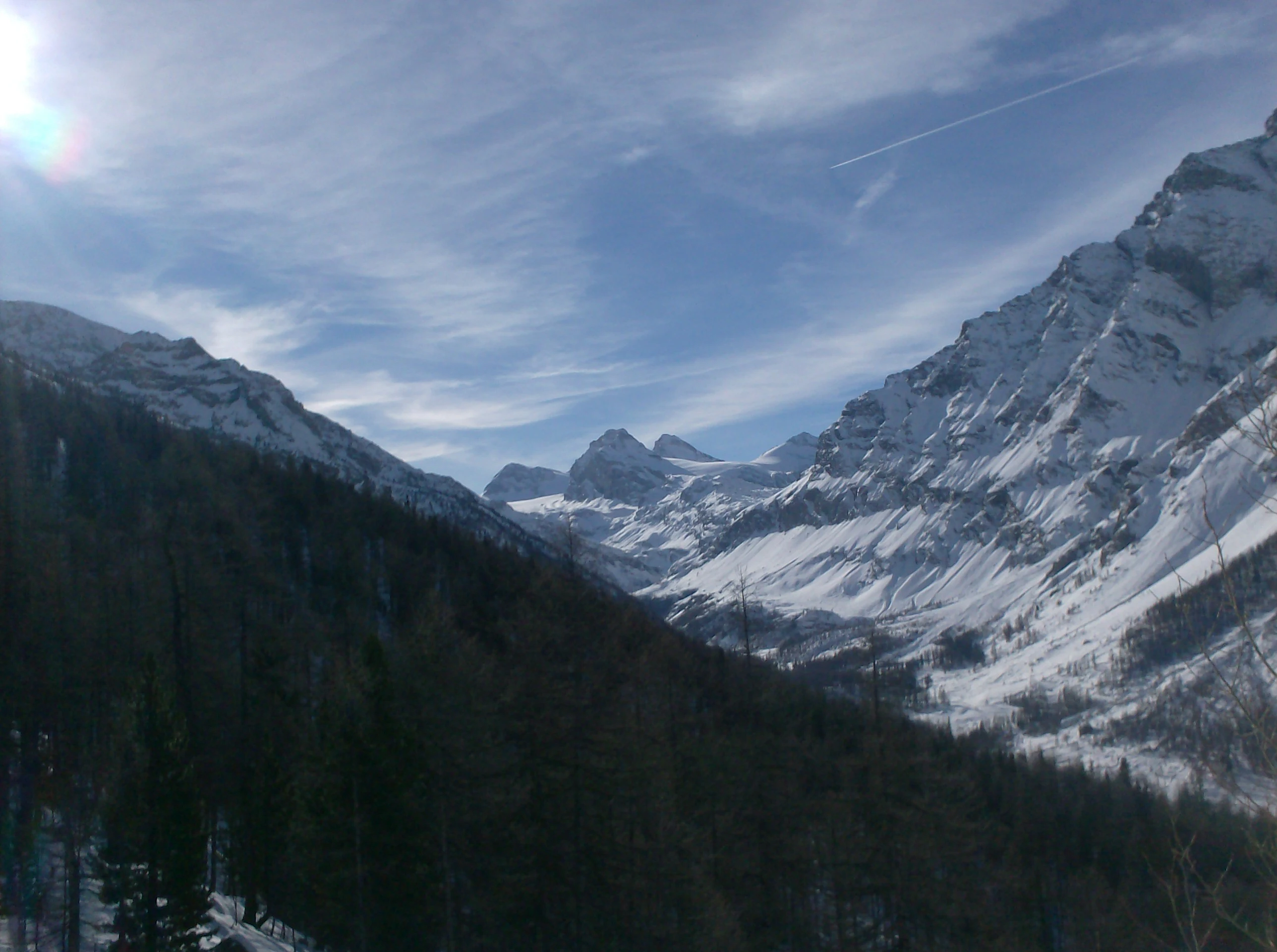 Panoramic view of a mountain valley with snow-covered peaks, dense coniferous forests, and clear blue sky