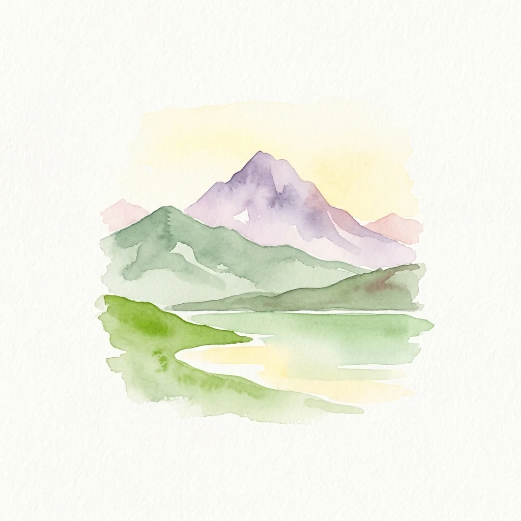 Pintura en acuarela de una cordillera con colinas verdes, un lago y un cielo amarillo