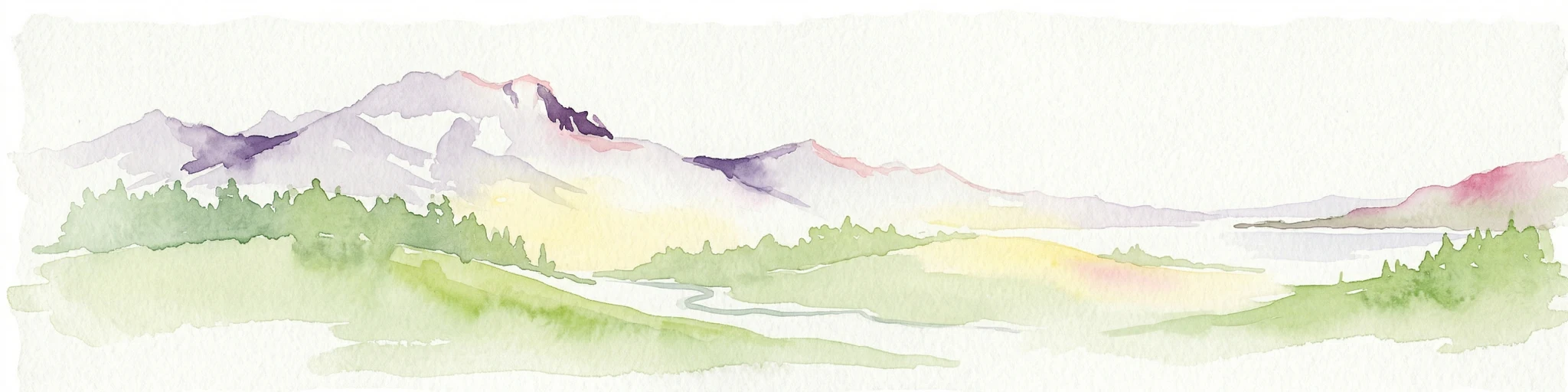 Pintura de acuarela de montañas, valles verdes y un río