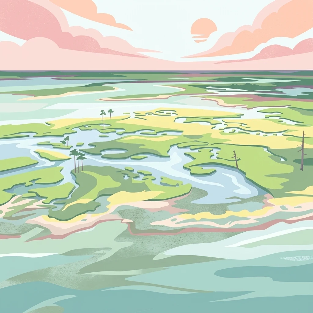 Una ilustración aérea de un paisaje de estuario pantanoso bajo un cielo pastel suave, que muestra canales serpenteantes de agua que atraviesan llanuras costeras verdes con árboles dispersos.