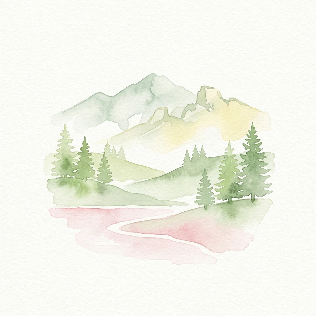 Ilustración de acuarela de montañas, árboles verdes y un río serpenteante