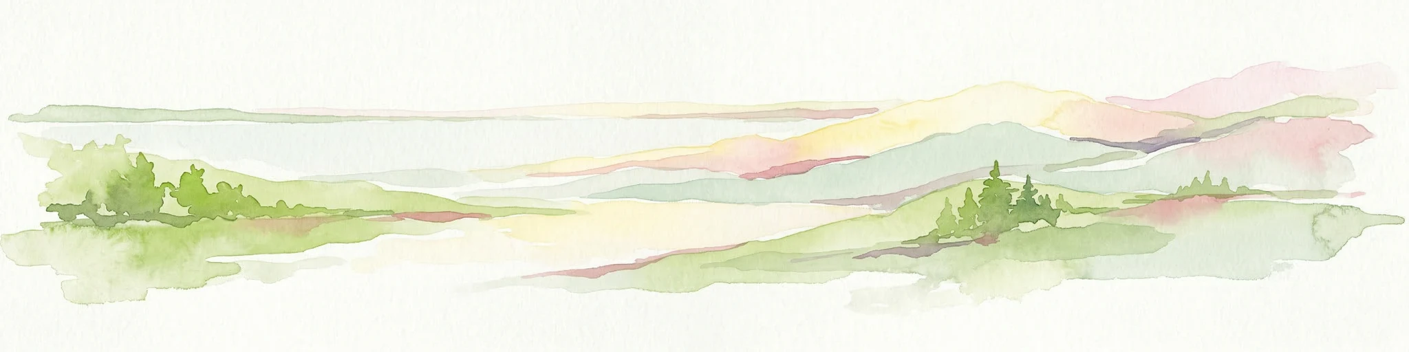 Ilustración en acuarela de un paisaje con colinas ondulantes, una masa de agua y vegetación