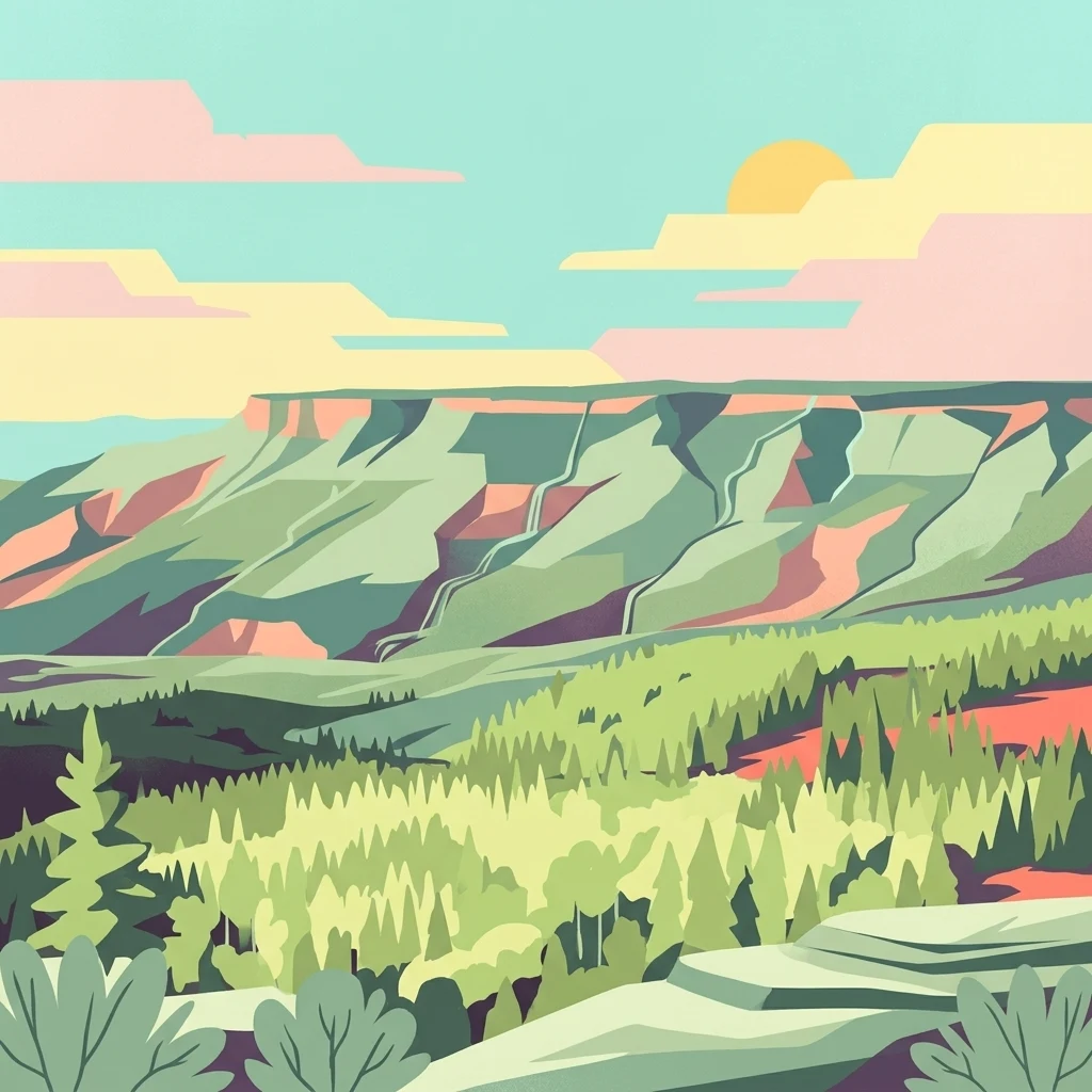 Una ilustración gráfica que representa la Grand Mesa en Colorado con una montaña de cima plana, bosque de coníferas y un cielo al atardecer.