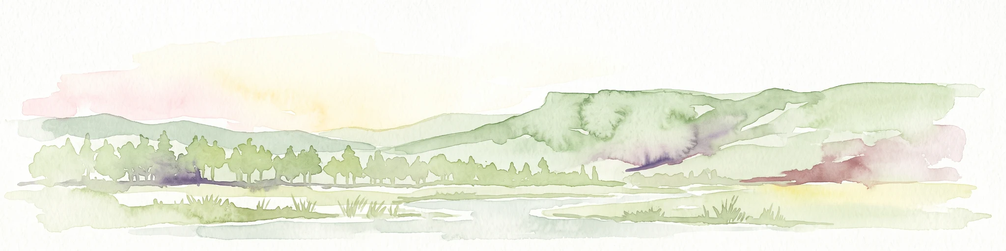 Una suave ilustración en acuarela que representa un paisaje de montaña de cima plana con una hilera de árboles y un prado en primer plano.
