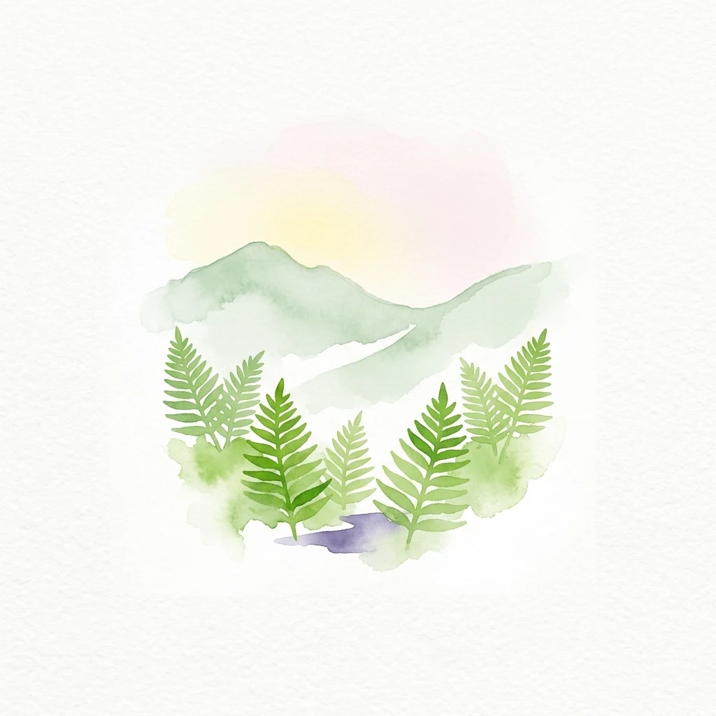 Watercolor painting showing green ferns in the foreground with mountains and a pastel sky in the background