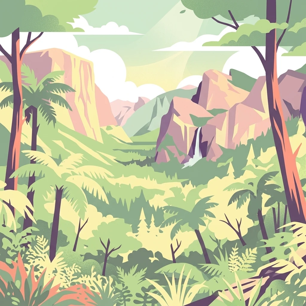 Ilustración estilizada de un valle montañoso con cascada y densa vegetación forestal