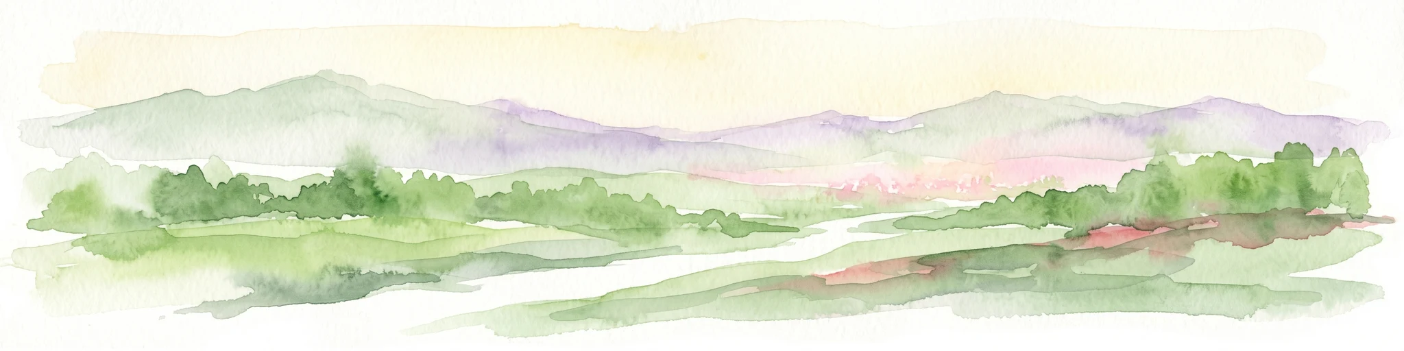 Pintura de acuarela de un paisaje montañoso con valles verdes y picos lejanos.
