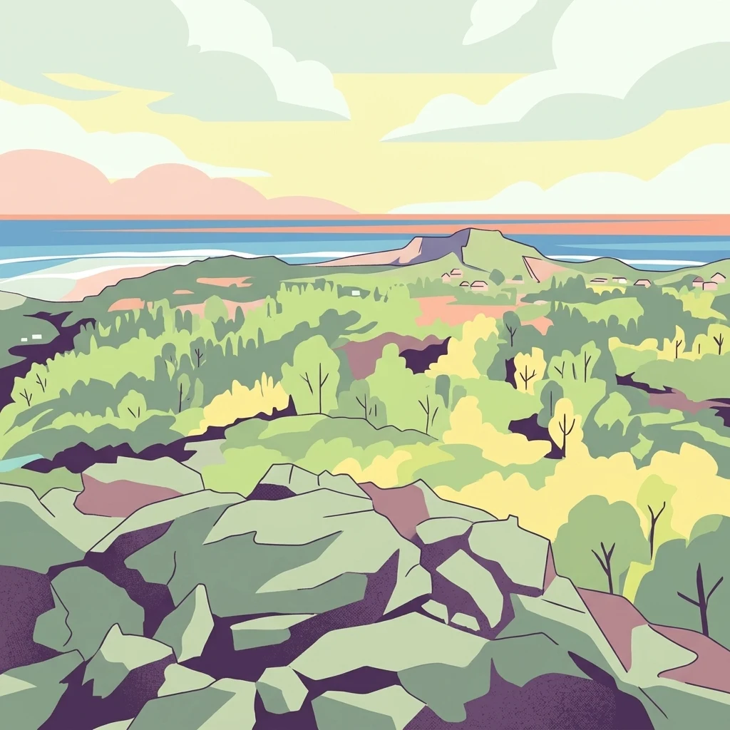 Una ilustración que muestra un primer plano rocoso con vistas a un bosque verde y un horizonte marino lejano bajo un cielo pastel.