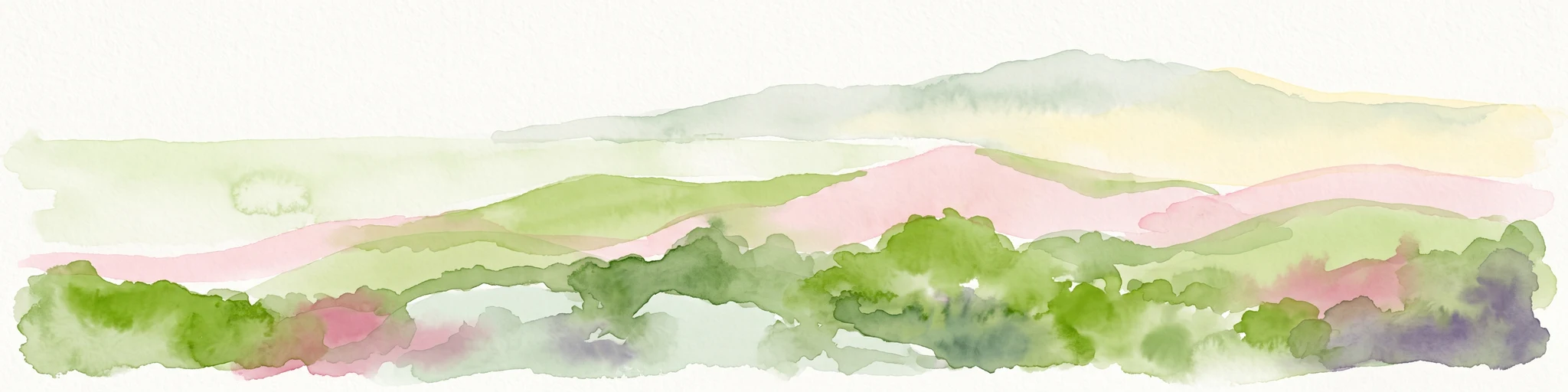 A watercolor painting showing a stylized, panoramic landscape of rolling green hills and patches of pink, suggestive of a lush forest setting.