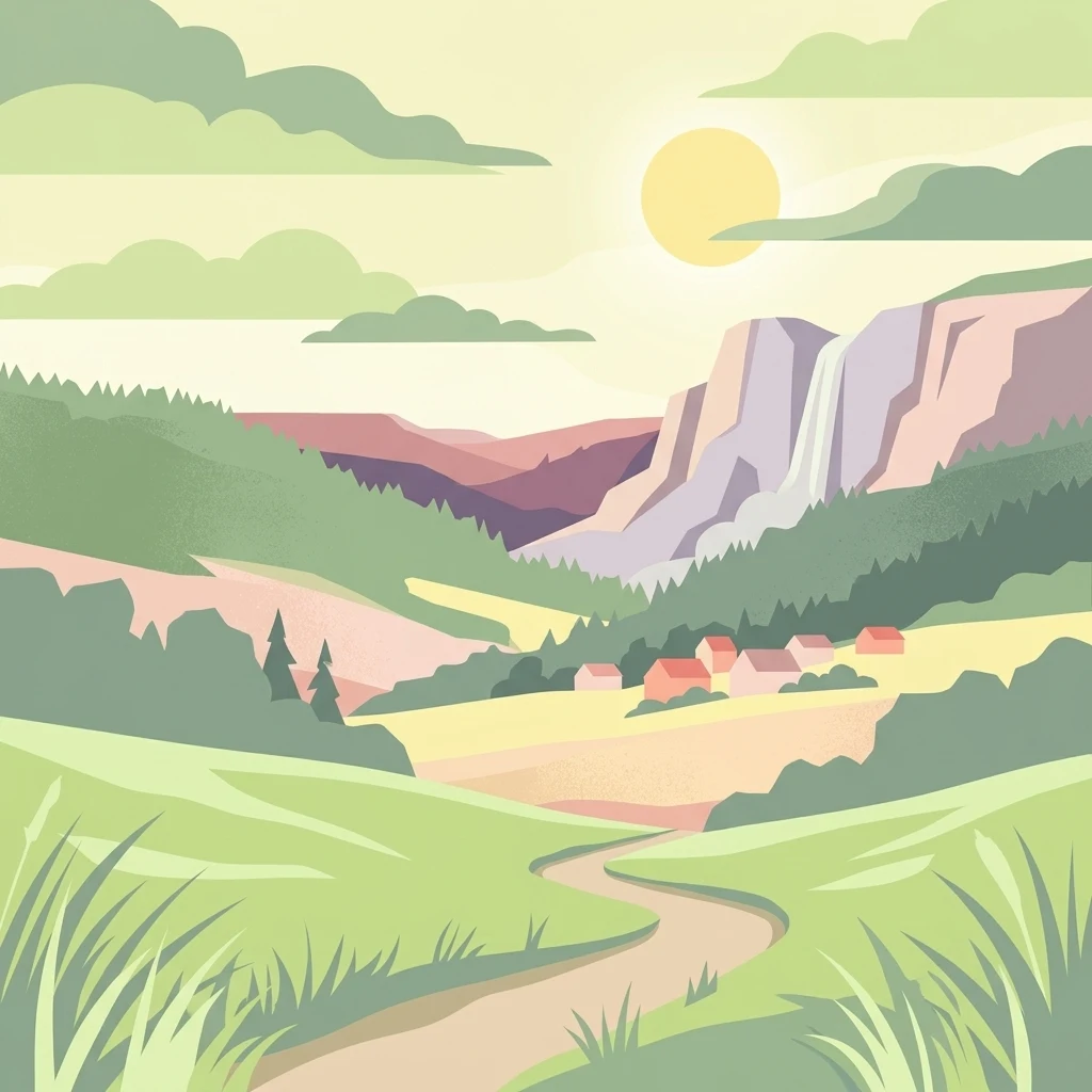 A flat-style digital illustration of a green, rolling valley with a dirt path winding through the foreground toward a small village near a waterfall and forested mountains.
