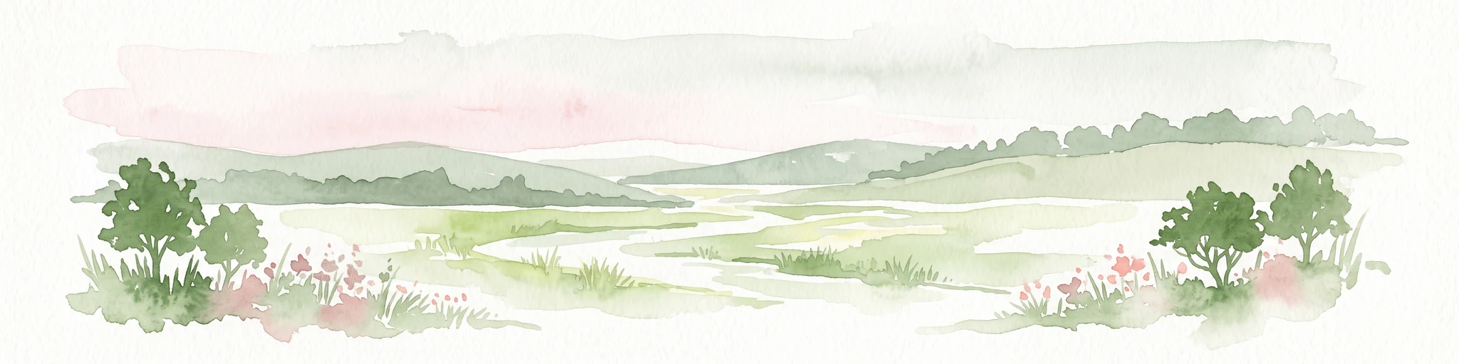 A horizontal watercolor illustration of a soft, rolling landscape with a central winding path or stream, green meadows, distant hills, and foreground trees and flowers.