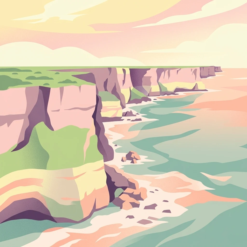 Stylized digital illustration of steep layered coastal cliffs meeting the ocean at sunset with pastel colors.