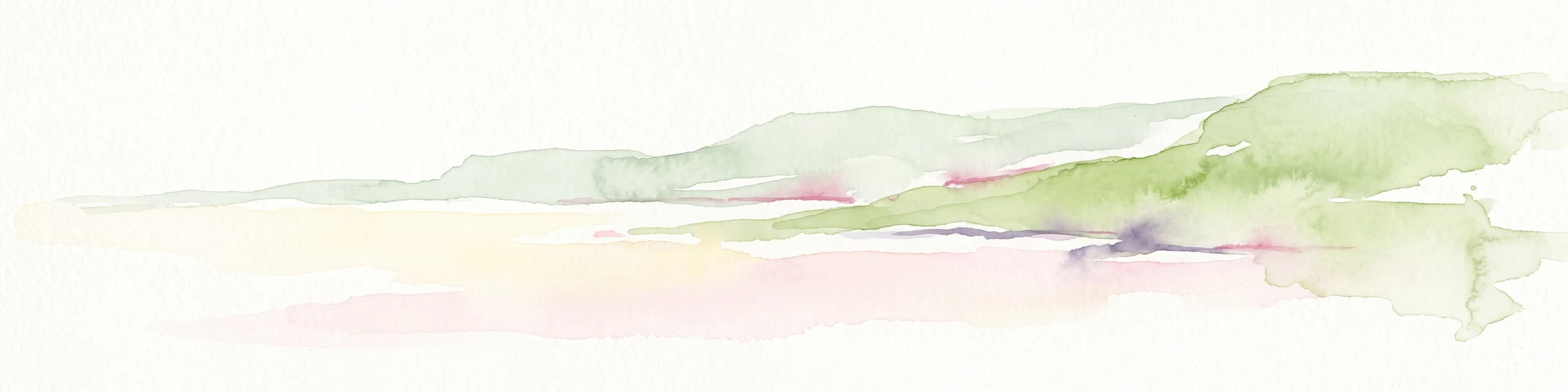 A pale, minimalist watercolor painting showing soft green and pink abstract shapes, suggestive of distant hills or a shoreline against a white background.