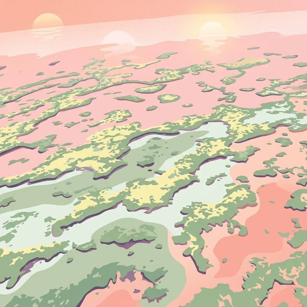 A flat-color digital illustration showing coral reef formations in green and yellow tones against pink water, with a pink sky and two sun-like circles on the horizon