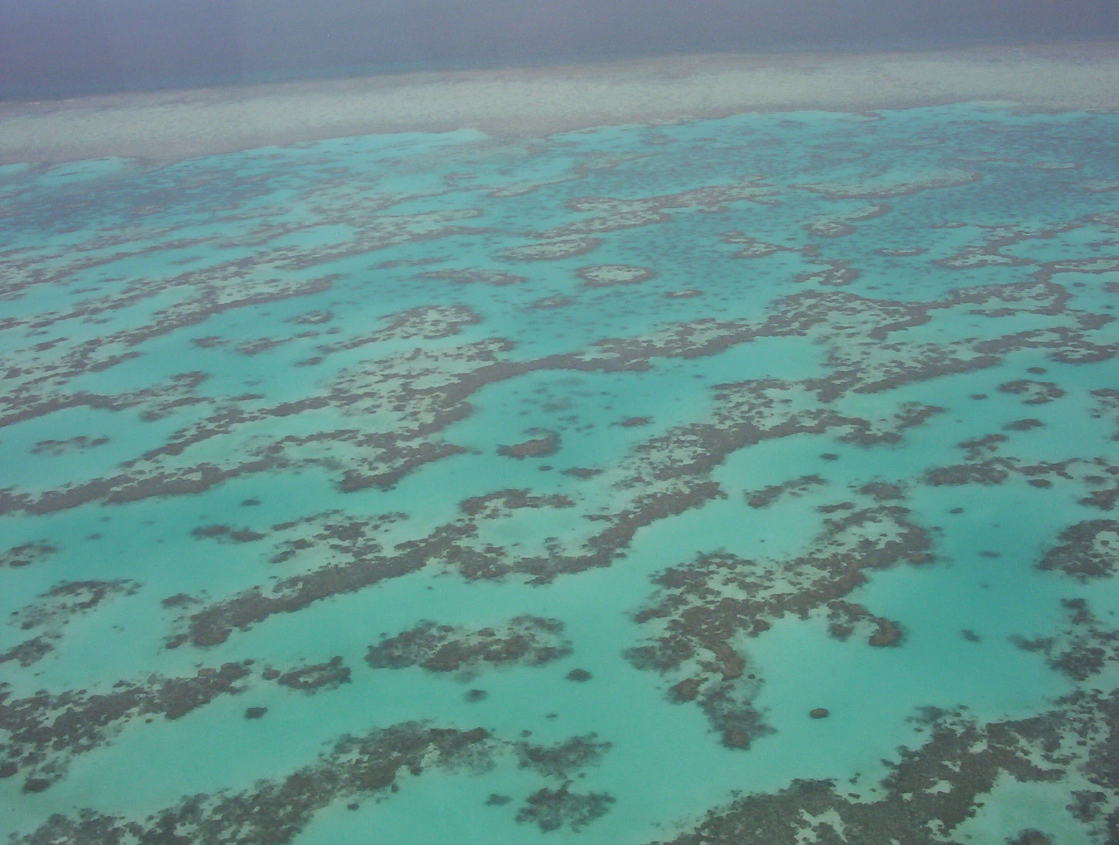 An aerial photograph showing a vast expanse of turquoise ocean water with dark, intricate patterns of coral reef formations visible beneath the surface, stretching to a hazy horizon.