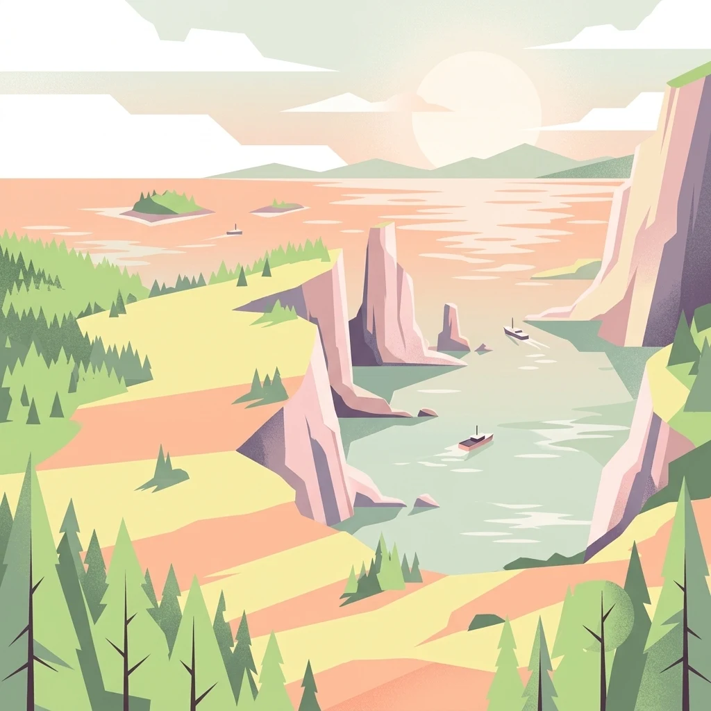A flat-design, vector-style illustration of a coastal bay with tall cliffs, evergreen trees, calm water, and small boats under a setting or rising sun.