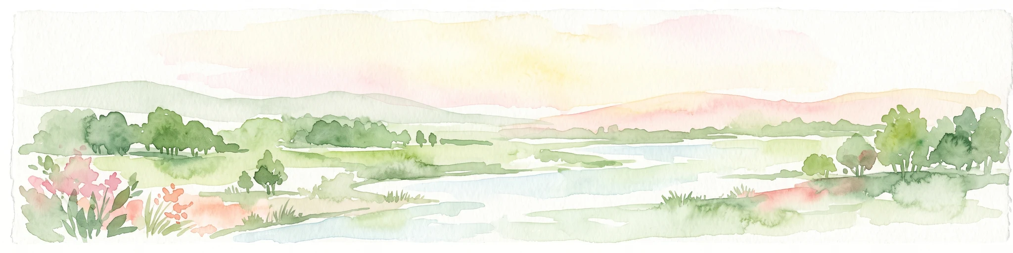 A horizontal watercolor painting showing a wide coastal estuary with gentle hills in the background, a winding body of water in the middle ground, and soft green trees and shrubs in the foreground.
