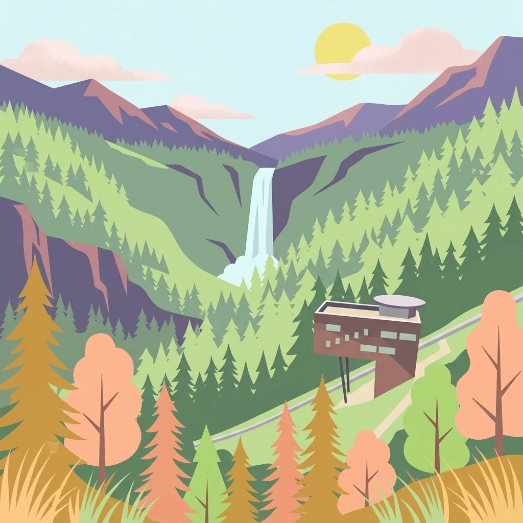 A colorful, flat-style vector illustration showing a mountainous forest landscape with a tall waterfall in the distance, pine trees in the foreground, and a modern, angular building perched on a hillside.
