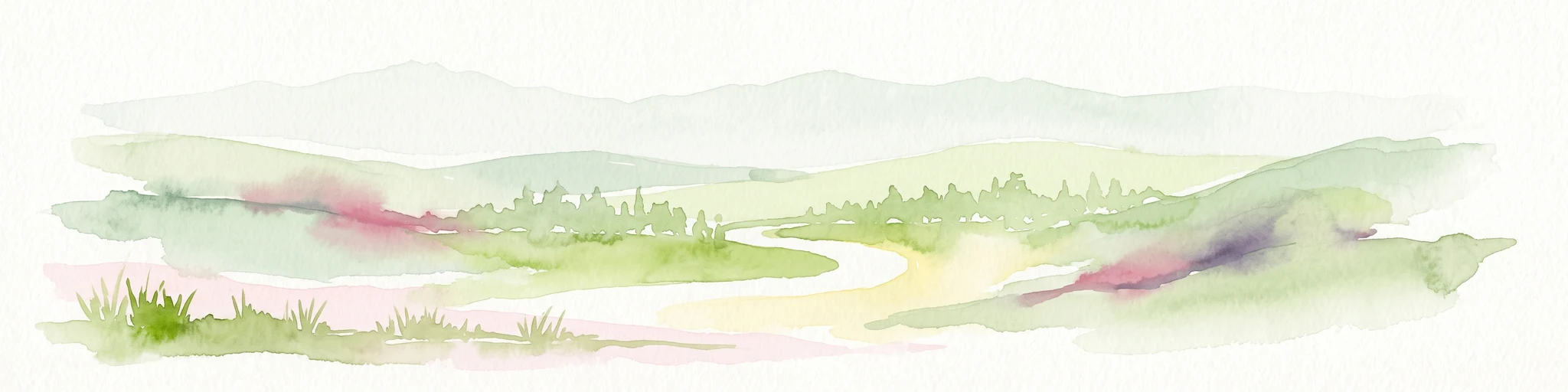 A watercolor-style digital illustration of a gentle, rolling green landscape with a winding path and distant hills on a white background.