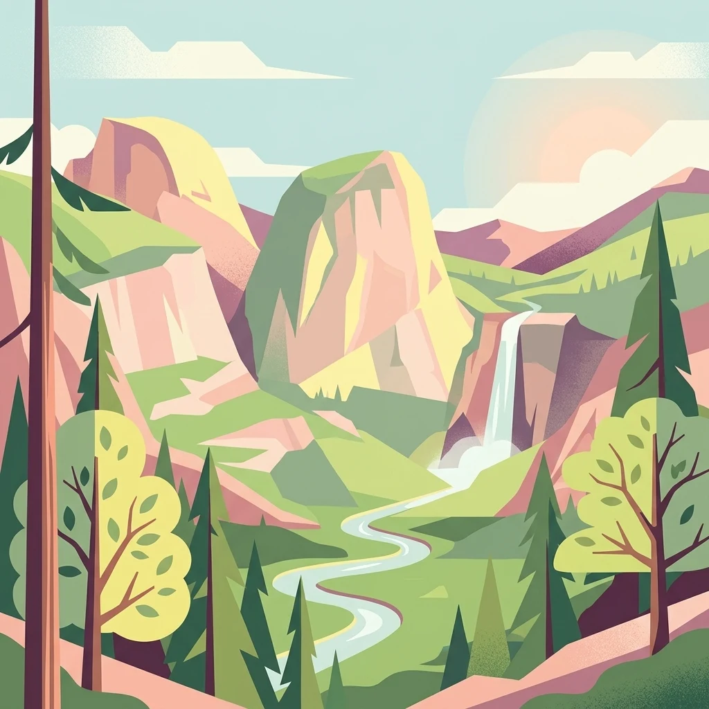 A flat-design, vector-style illustration showing a valley with large rock formations, a winding river, a waterfall, and evergreen trees under a soft-toned sky.