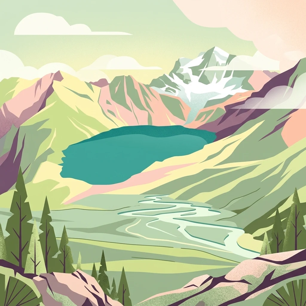 A stylized vector illustration of an alpine valley with a central blue lake, a meandering stream, pine trees in the foreground, and snow capped mountain peaks in the background under a soft sky.