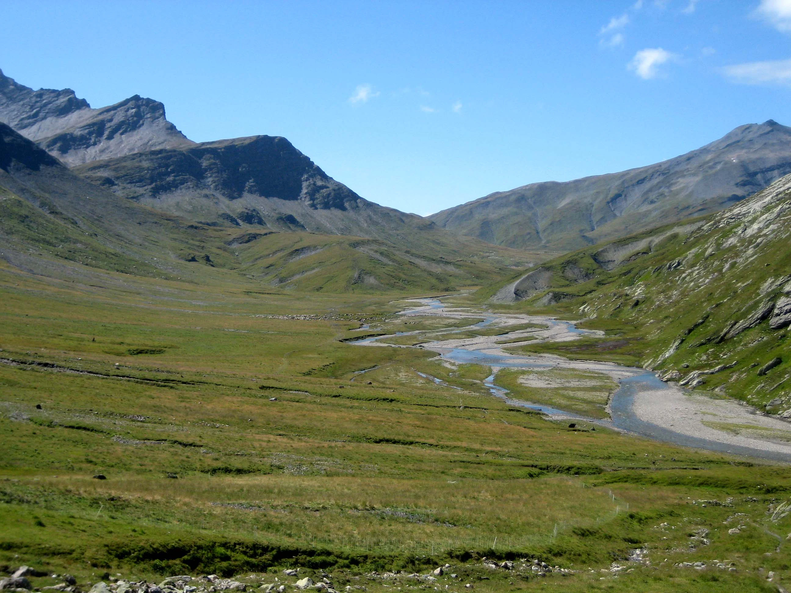 A high-altitude alpine plateau with a winding river flowing through grassy plains, flanked by barren mountain slopes under a clear blue sky.