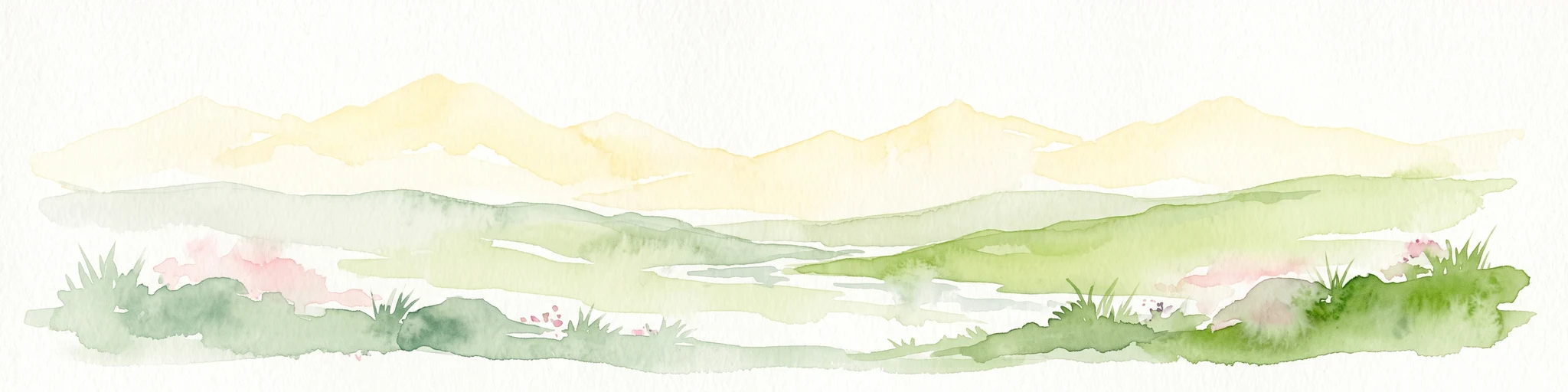 Una pintura horizontal en acuarela que representa un paisaje montañoso de enfoque suave con colinas verdes onduladas en primer plano y siluetas de montañas de color amarillo pálido en la distancia.