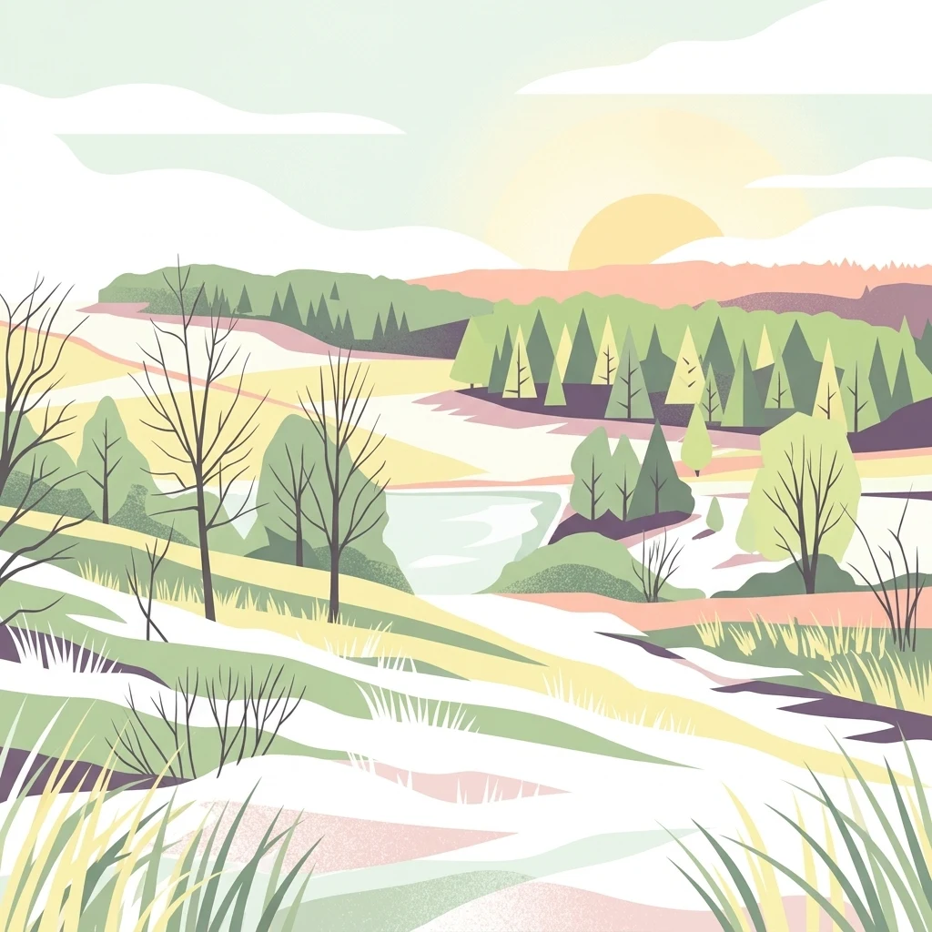 Una ilustración digital estilizada y serena de un paisaje natural ondulado con una transición del invierno a la primavera, con árboles dispersos, manchas de nieve, un pequeño estanque y un suave atardecer al fondo.