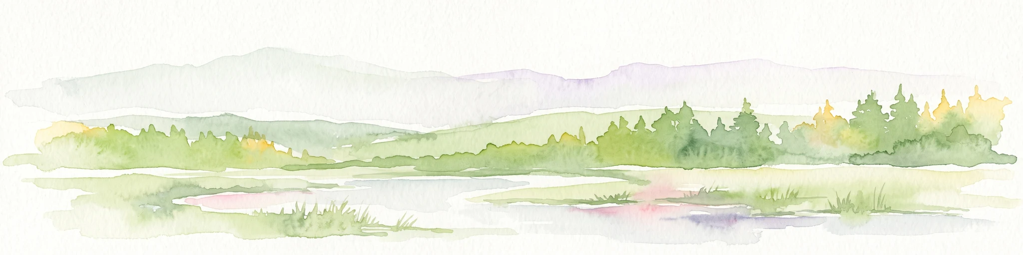 A horizontal watercolor painting depicting a soft, rolling landscape with green meadows, patches of forest, and distant hills under a light sky.