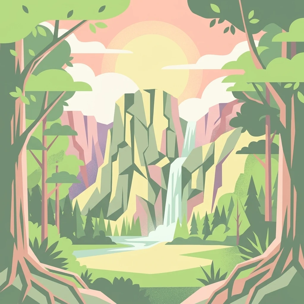 Stylized vector art of a rocky mountain landscape with a waterfall and forest, framed by tree roots and branches in the foreground.