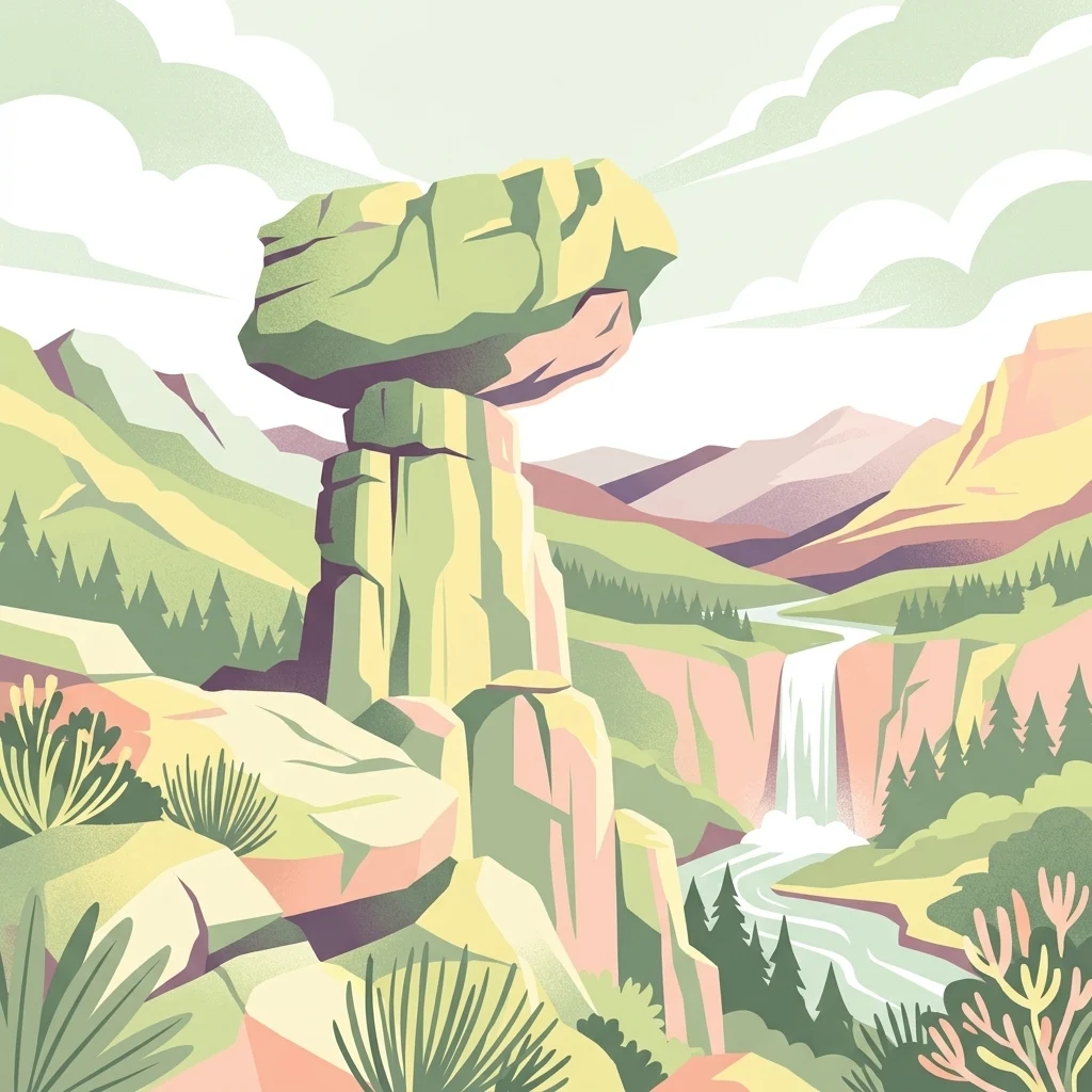 A stylized illustration showing a large balancing rock formation in the foreground, with a waterfall and mountain range in the background.