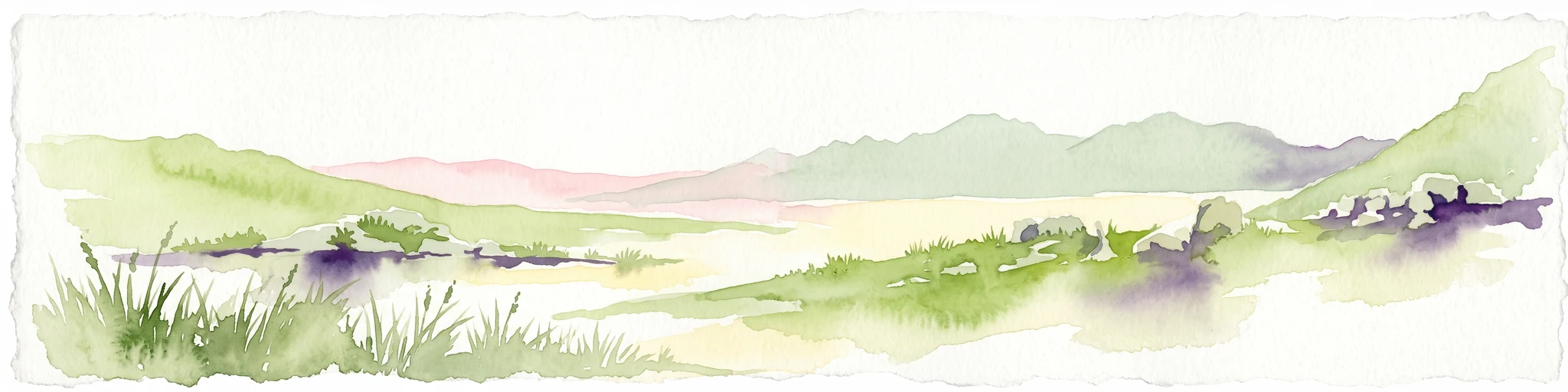 A horizontal watercolor painting showing a soft, stylized mountain landscape with green hills, purple shadows, and grassy foreground.