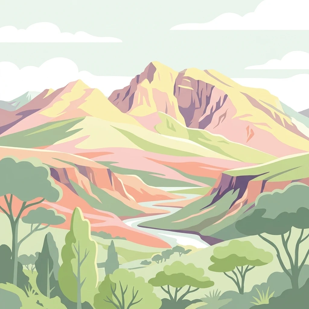 Una ilustración digital de una cadena montañosa con un valle fluvial serpenteante, rodeado de árboles verdes y colinas bajas bajo un cielo suave.