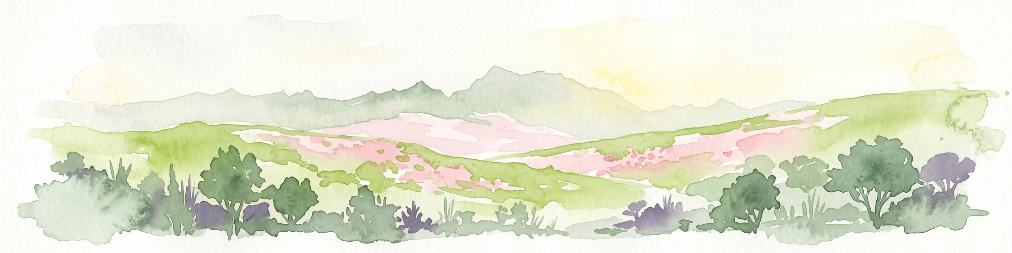 A horizontal watercolor painting showing rolling green hills and distant mountain ridgelines with clusters of trees in the foreground.