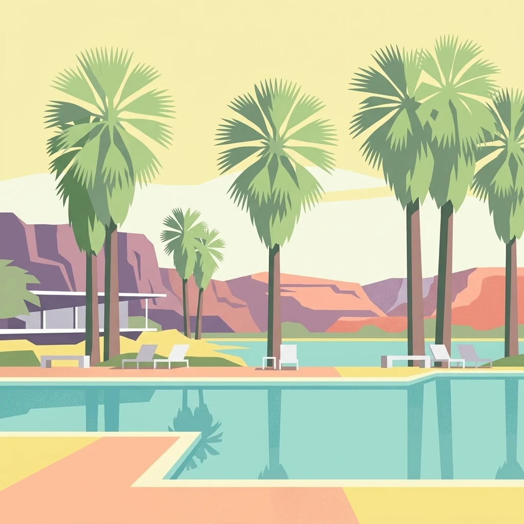 Stylized digital illustration of a resort-style swimming pool lined with palm trees, set against a desert landscape with rocky hills.