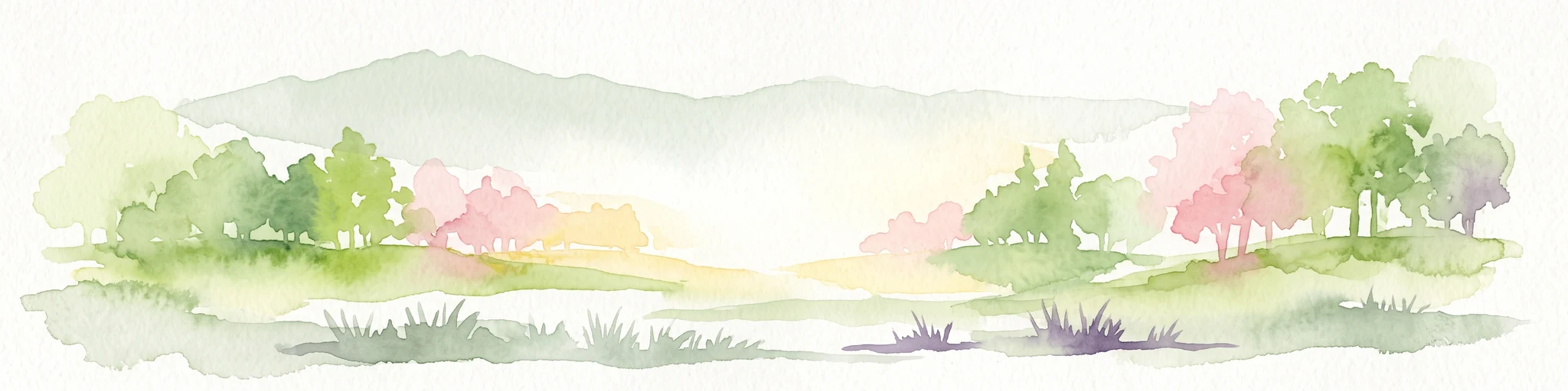A horizontal watercolor illustration of rolling hills, trees with soft pink and green foliage, and grassy foreground against a pale misty mountain background.