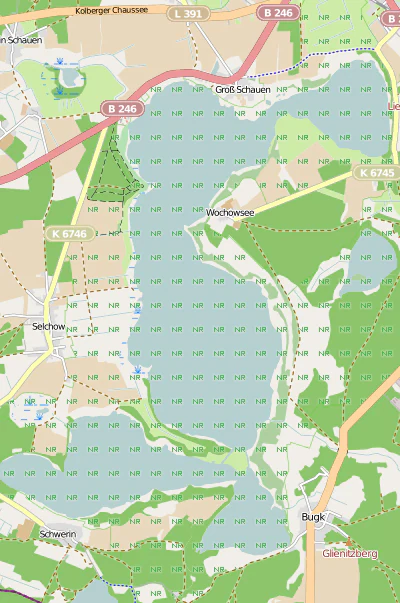 A digital map showing the Groß Schauener Seenkette lake chain in Germany, with surrounding forest areas and roads.