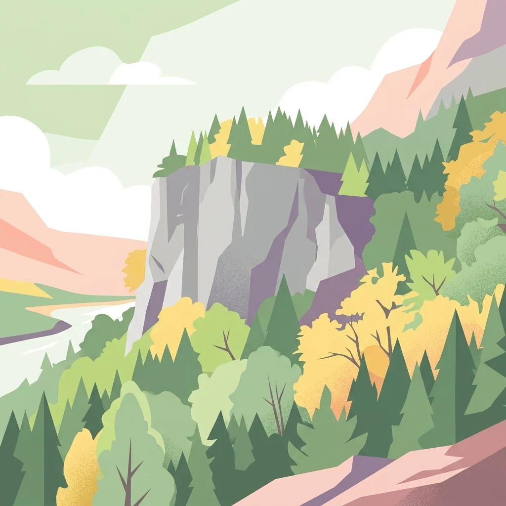 A digital illustration showing a prominent gray rock cliff face surrounded by a mix of evergreen and deciduous trees, with a winding river valley in the background under a soft sky.