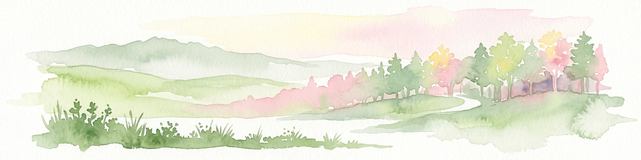 Watercolor painting of a rolling hilly landscape with forests and a winding path, featuring soft pastel green, yellow, and pink tones.